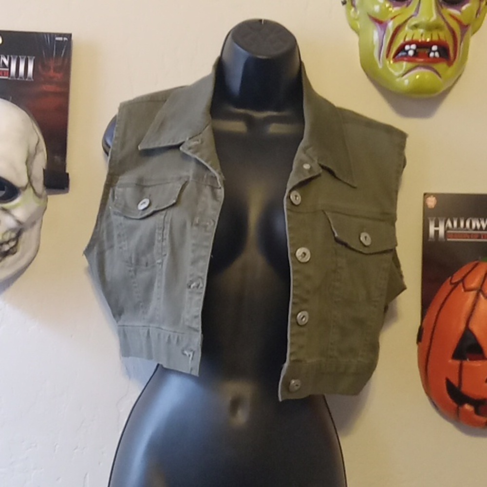 Gasoline DIY Crop army green demin vest
